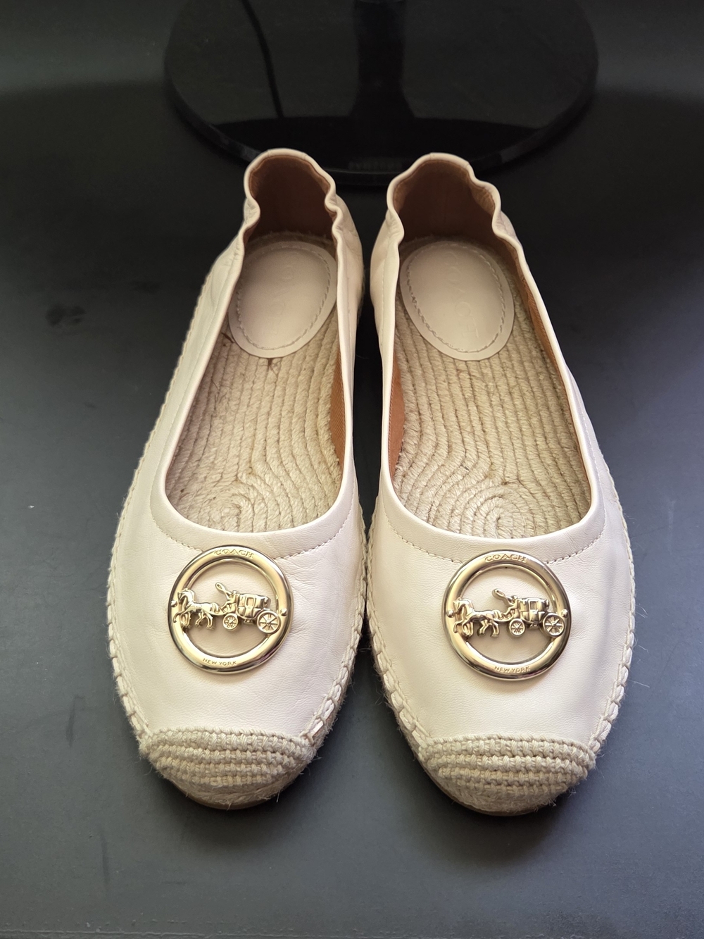 Coach Cream Leather Espadrille Flats with Gold Coach Medallion